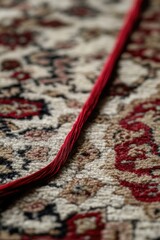 Fototapeta premium Close-up view of a red yarn strand on a rug, ideal for use in textiles or craft projects
