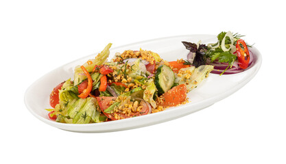 A white plate with a vegetable salad on a white background