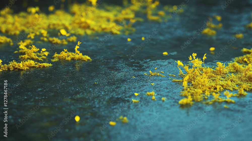 Aufkleber chartreuse moss texture on wet concrete surface for artistic backgrounds and designs