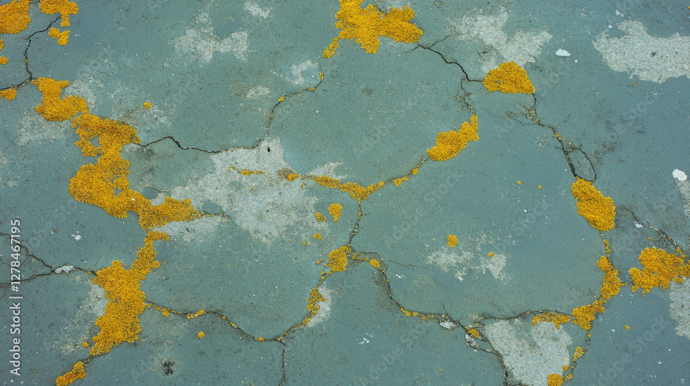 Poster dry chartreuse olive moss on cracked smooth wet surface for nature and texture design