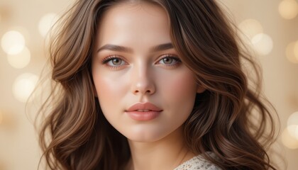Obraz premium A young woman with wavy hair and striking features stands out against a warm, softly glowing backdrop. Her serene expression captures timeless beauty and grace, making a captivating presence