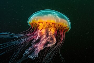 Fototapeta premium Jellyfish swimming in deep water with a dark blue or black background