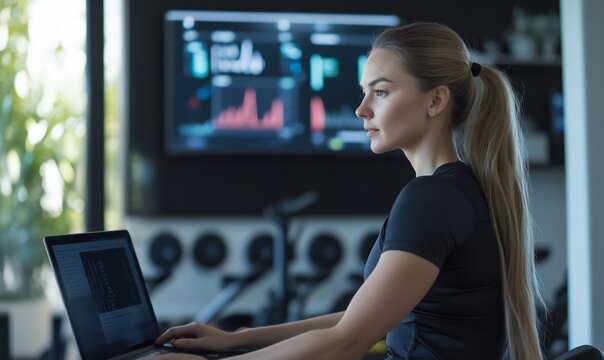 Woman working on laptop in fitness center