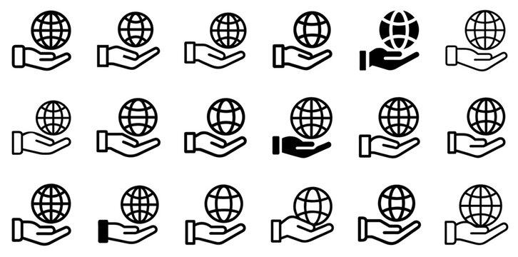"Hand and Globe Vector Icon Set – Global Connection and Humanity"