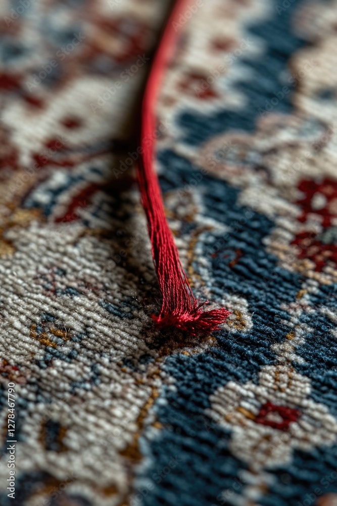 Aufkleber A close-up view of a red thread lying on a rug, possibly representing a thread from a larger fabric or textile