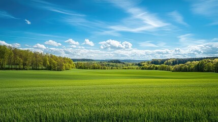 Fototapeta premium A lush green field under blue skies, symbolizing the beauty of nature before the destructive impact of climate change.