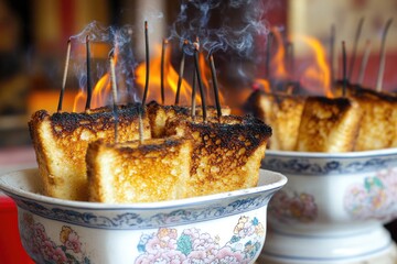 A bunch of sticks stuck in a bowl of food, a peculiar and unusual situation