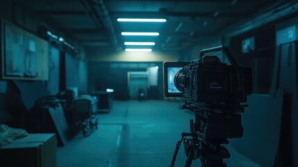 Filming scene, dark room, equipment