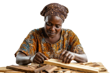 Togolese artisan in batik headwrap carving wood isolated on transparent white background