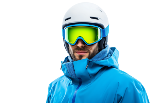 Andorran skier in blue thermal jacket and goggles isolated on transparent white background