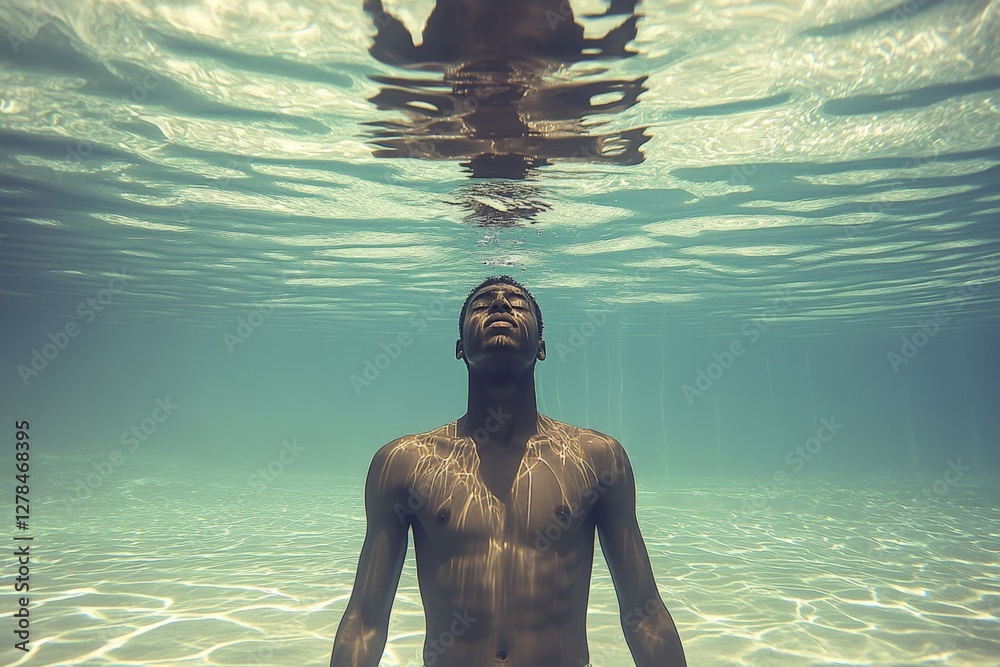 Aufkleber young man submerged underwater with shimmering light reflecting on his skin in a tranquil pool setti