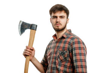  Latvian forester in plaid shirt holding axe isolated on transparent white background