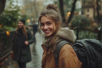 Young woman smiles brightly while walking through a rainy park during autumn with friends nearby in an urban setting