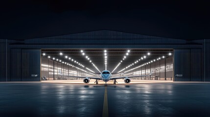 Fototapeta premium A night shot of an airport hangar with aircraft parked inside, illuminated by bright industrial lighting
