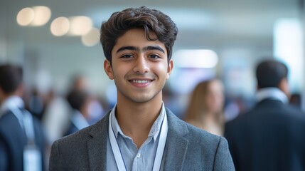Obraz premium Confident 16-Year-Old South Asian Male Student in Business Attire Smiling at a Professional Networking Event with a Busy Background of Attendees