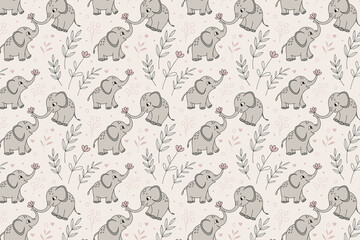 seamless pattern with baby elephants in light beige tones