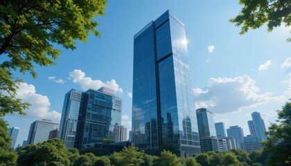 Fototapeta premium Modern Glass Skyscrapers Cityscape with Lush Green Trees and Blue Sky A Stunning View of Urban Architecture and Nature