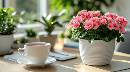 Pink Flowers and Tea Cup on Wooden Table
