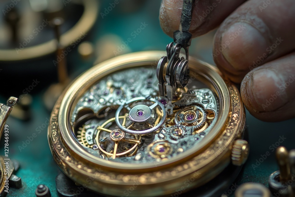 Poster crafting intricate details in a vintage watch during restoration in a workshop setting
