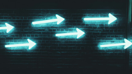 Neon arrows on exposed brick wall creating a futuristic urban aesthetic for design and decor