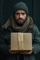 Man in a Winter Coat Holding a Bad Parcel Box with a Disappointed Expression