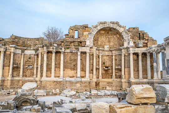 The scenic views of Nymphaeum, or the monumental fountain of Side, is decorated with frescoes, beautiful statues, Corinthian columns and marble niches, Antalya, Turkey