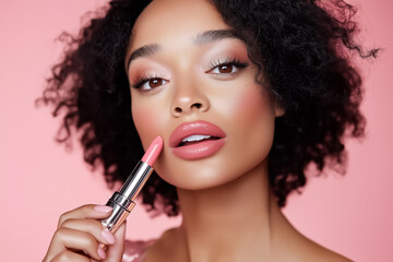 Obraz premium Beauty portrait of a well-groomed woman applying lipstick to her lips on a pink background