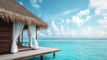 Obraz premium A serene beachfront bungalow with white curtains gently swaying in the breeze, overlooking turquoise waters.