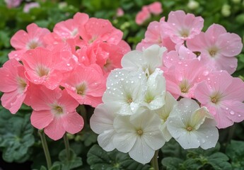 Fototapeta premium Close-up of pink and white flowers with water droplets.