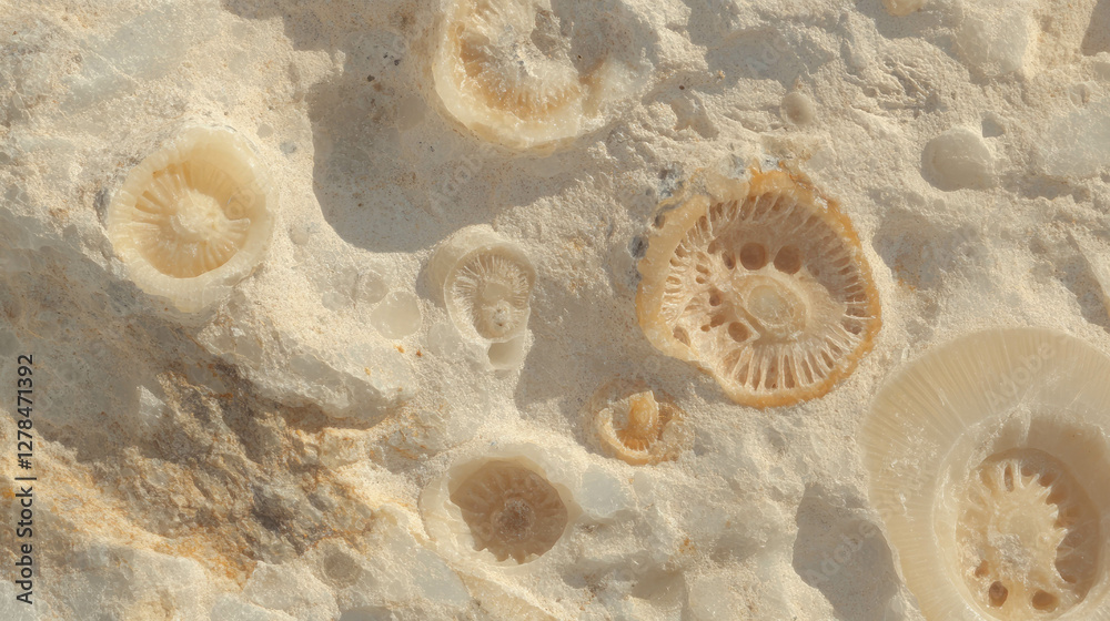 Poster Close-up of fossil rich limestone texture with varied fossils for geological study