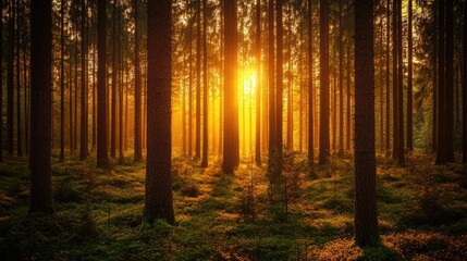 A thick forest of tall pine trees, bathed in golden light at sunset, symbolizing the need to protect forests and their biodiversity.