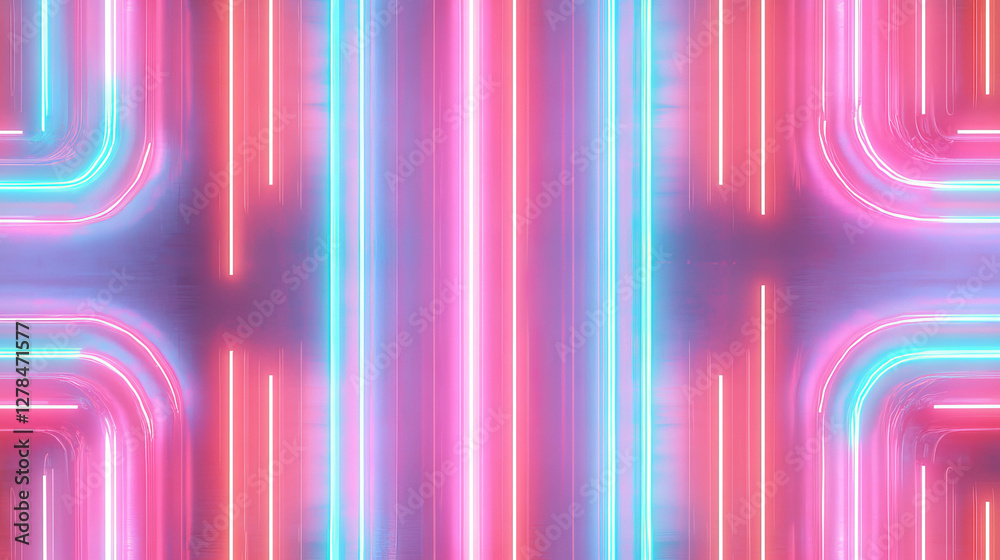 Poster futuristic neon geometry with bright symmetrical patterns for modern design