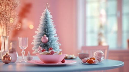 Pink Christmas table setting, sweets, home