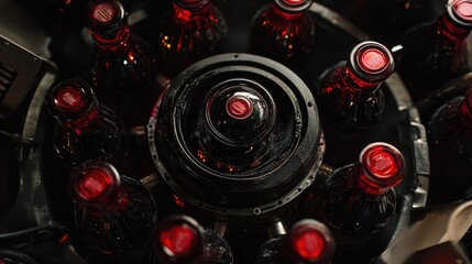 Obraz premium Industrial conveyor-based bottle washer with rotating brushes and UV sterilization.