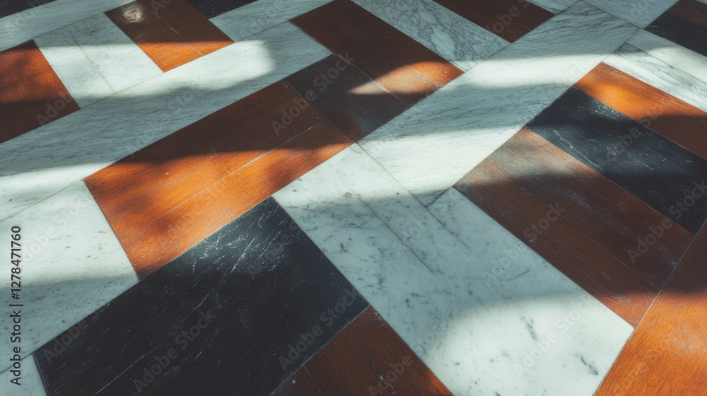 Poster modern geometric wood and marble tile pattern with interplay of light and shadow