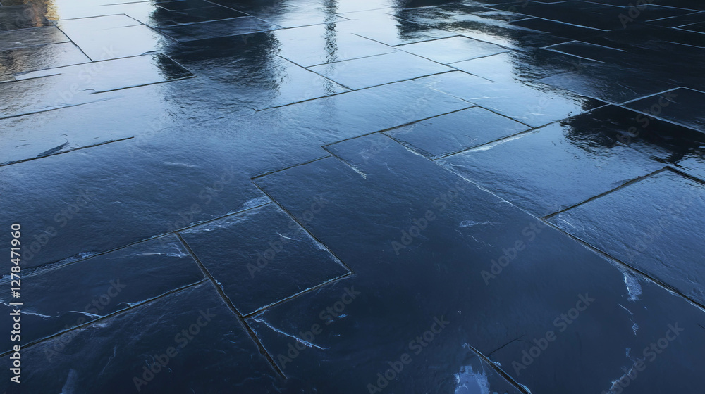 Poster Glossy black slate surface with bright reflections for design and architecture