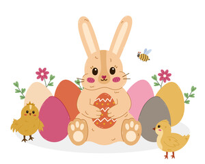 Lovely cartoon Easter illustration with bunny holding ornate egg in paws at lawn among Easter eggs with cute chicks, honeybee. Funny religious springtime concept for postcard, social media, design.