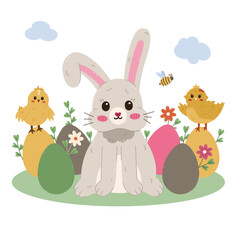 Lovely cartoon Easter illustration with smiling bunny with bent down ear in Easter eggs at lawn with chick, bee, flowers, cloud. Funny religious springtime holiday layout for poster, card, design.
