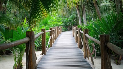 A wooden boardwalk leading to a hidden tropical paradise with lush palm trees.