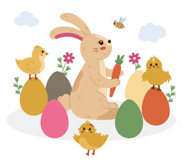 Lovely cartoon Easter illustration with bunny holding carrot with fluffy tail in Easter eggs at lawn with baby chicken, honeybee, cloud. Funny religious springtime concept for poster, social media.
