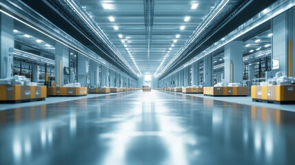 Obraz premium A spacious, modern warehouse with bright lighting, showcasing neatly organized storage areas and a clean, polished floor.