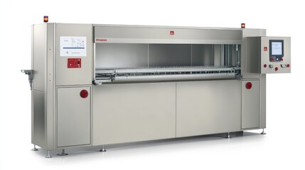 Industrial tray washer with adjustable settings for delicate or high-strength cleaning modes.