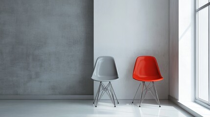 Grey wall two modern chairs bright room, minimalistic, simple decor seating, stylish chairs sunlight, empty space