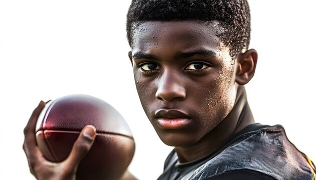 Young football player grips the ball with determination in his eyes