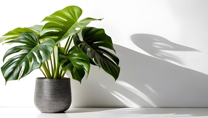 a Monstera plant in a modern pot, isolated on a white background