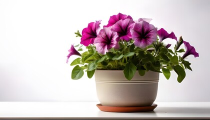 a Petunia in a modern pot, isolated on a white background with ample copy space