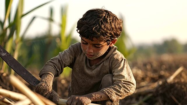 Child labor in a sugarcane field with machete cutting