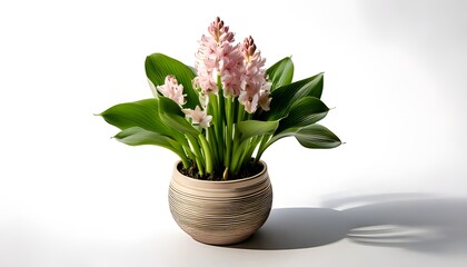 A water Hyacinth plant in the modern pot, isolated on a white background with ample copy space