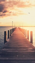 Fototapeta premium Serene Wooden Pier at Sunrise: A Peaceful Coastal Scene