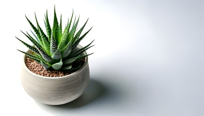 A Haworthia in the modern pot, isolated on a white background with ample copy space